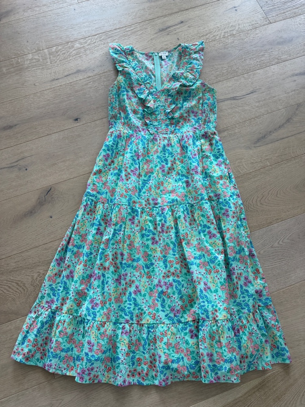 J. Crew Midi Dress Womens 6 Tiered Ruffle Floral Mint Green Sleeveless Smocked - Picture 7 of 10